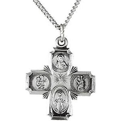 .925 Sterling Silver Four Way Catholic Scapular Medal Pendant Cross w Chain