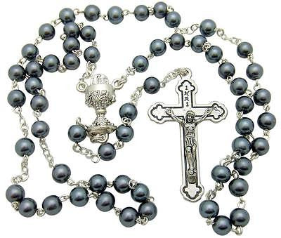 First Holy Communion Hematite Bead Rosary Boxed 18" Catholic Gift
