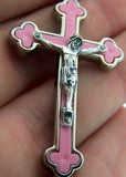 2 Inch Pectoral Silver and Pink Budded Cross Jesus Crucifix Jewelry