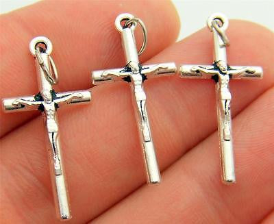 3 Antique Petite Crucifix Pendant Catholic Cross Silver Plate 1" Italian