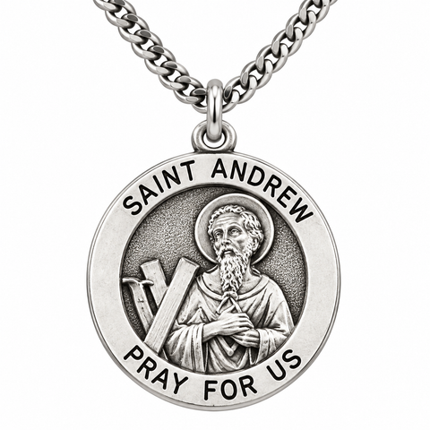 St Andrew Sterling Silver Medal Patron Saint Scotland 3/4" w Chain Boxed Gift