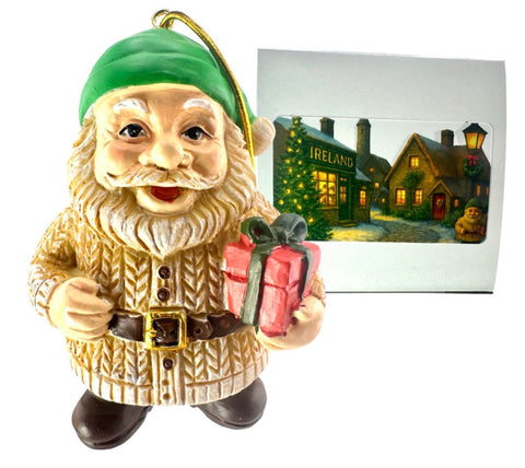 Irish Santa Ornament with Aran Sweater Christmas Tree Figurine Gift Boxed Hand-Painted Resin Ireland Souvenir Design