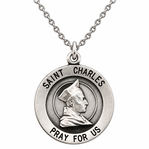 St Charles .925 Sterling Silver Round Saint Medal Gift with Chain Boxed 3/4"