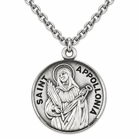 St Apollonia Patron Medal Sterling Silver 7/8" Round with Stainless Necklace and Gift Box