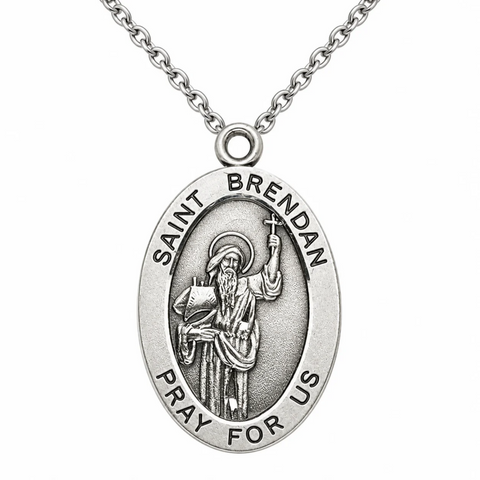 Sterling Silver 7/8" Oval St Brendan Medal w 20" Stainless Steel Chain Boxed