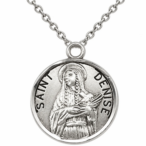 Sterling Silver 7/8" Round Saint St Denise Patron Medal with Stainless Steel Chain