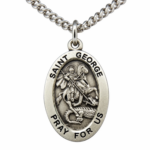 Sterling Silver 7/8" Oval St George Medal with Stainless Steel 20" Chain Boxed