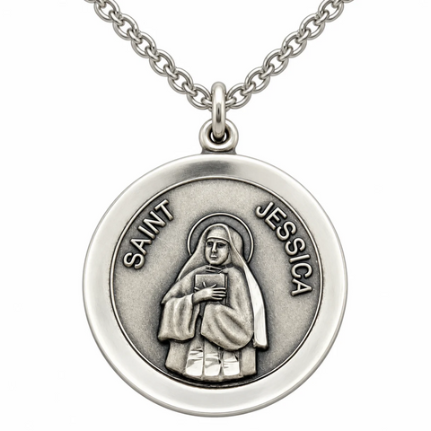 St Jessica Sterling Silver 3/4" Medal Boxed w 18" Stainless Steel Chain Gift