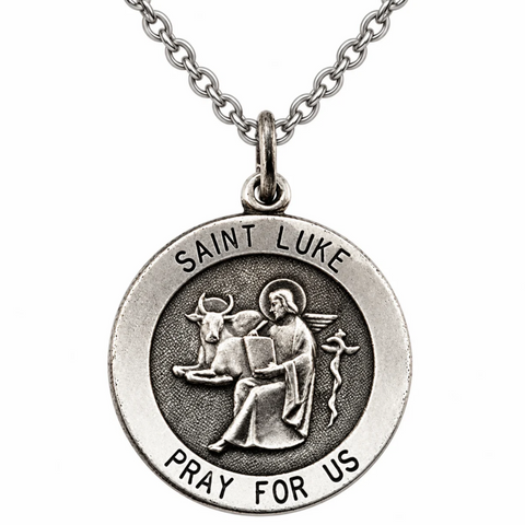 Sterling Silver Saint St Luke 3/4" Medal w Stainless Steel Chain with Box
