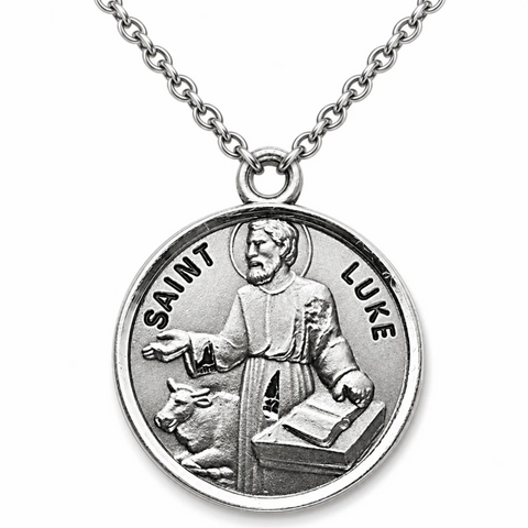 Sterling Silver 7/8" Round St Luke 20" with Stainless Steel Chain Boxed Gift