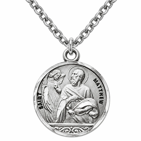 St Matthew Sterling Silver 7/8" Round Patron Medal on Stainless Steel Necklace with Gift Box
