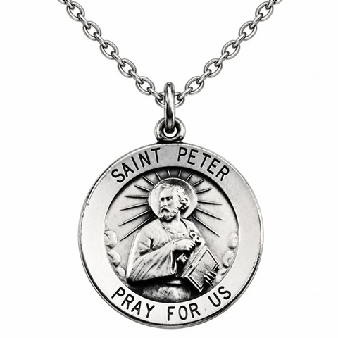 St Peter Sterling Silver Medal Saint Pendant 3/4" w Stainless-Steel Chain and Gift Box
