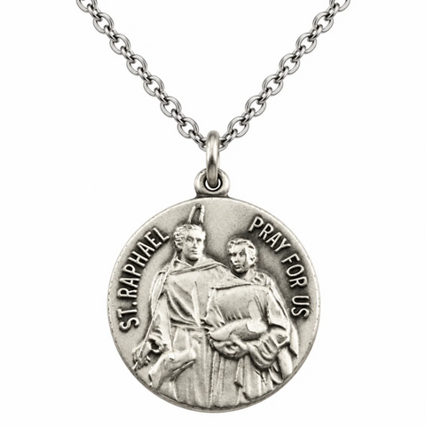 St Raphael Pray Archangel Sterling Silver .925 Medal 18" Necklace Gift 3/4"