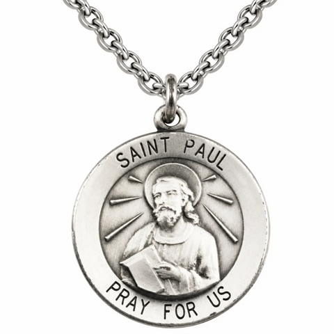 St Paul Sterling Silver Saint Medal Pendant 3/4" w Chain & Boxed Gift
