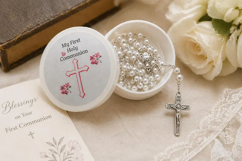 My First Holy Communion Rosary Gift Set – Pearl Rosary with Keepsake Box for Girls, Catholic Gift