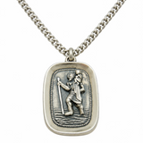 St Christopher Sterling Silver Mens Large Pendant 1 1/8" w Stainless Chain Boxed