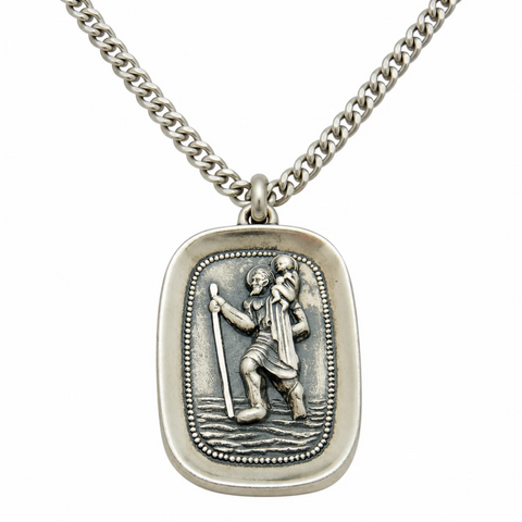 St Christopher Sterling Silver Mens Large Pendant 1 1/8" w Stainless Chain Boxed