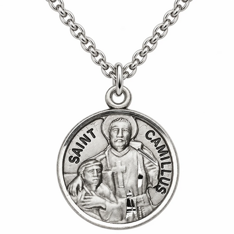 St Camillus Medal Sterling Silver 7/8" with Necklace and Gift Box