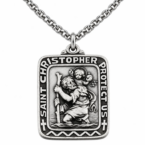 St Christopher Large Sterling Silver Medal with Chain 1 1/4" L in Gift Box