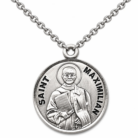 Saint Maximilian Sterling Silver 7/8" Round Patron Medal and Stainless-Steel Chain with Box Gift