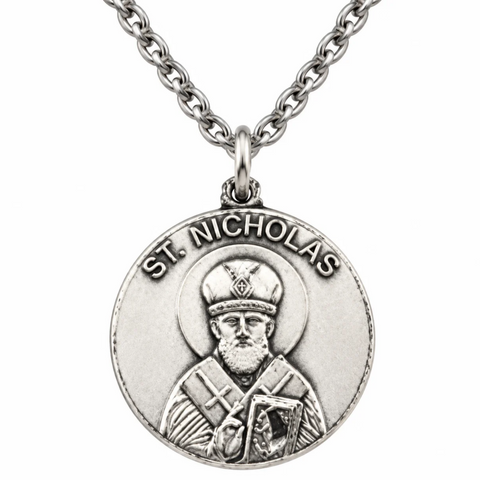 Saint Nicholas Pray For Us Sterling Silver Medal 3/4" and Stainless Steel Chain 18" with Gift Box