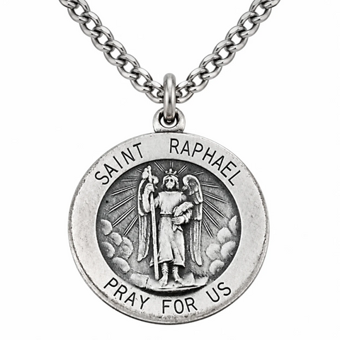 St Raphael Archangel Sterling Silver .925 Medal W 18" Necklace with Gift Box