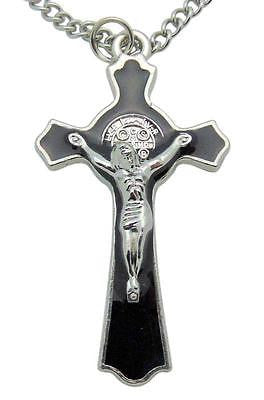 St Benedict 2" Black Enamel Metal Crucifix Saint Pendant Cross Gift w 24" Chain
