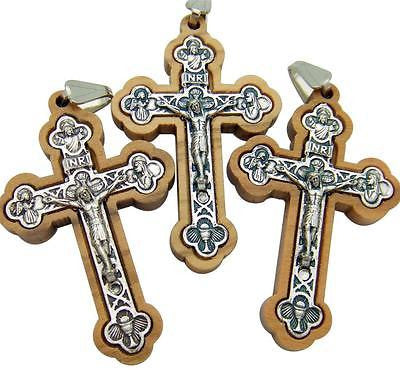 Lot Of 3 Wood & Silver Plate Pectoral Crucifix Pendant Cross 2"Long from Italy