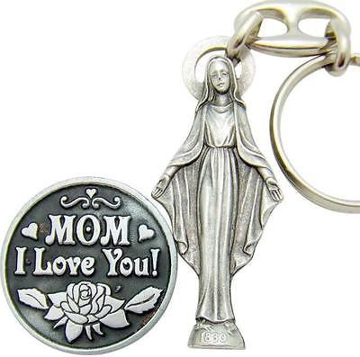 MRT Miraculous Medal Keychain Ring & Coin Mothers Day Gift Set Alloy 1" Italy