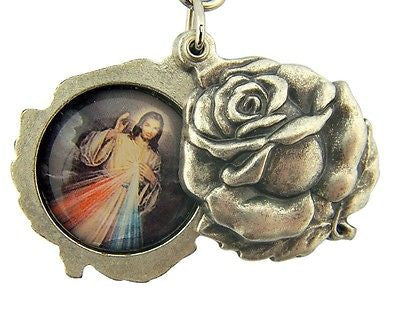 Catholic Key Chain Silver Gild Saint Padre Pio Divine Mercy Rose Slide Italy