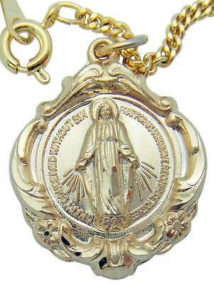 14K Gold on Sterling Silver 1" Miraculous Mary Medal w 18" Chain Boxed Gift