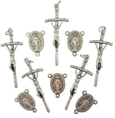 MRT Lot Of 10 Silver Plate Rosary Parts Papal Cross Miraculous Mary Centerpiece