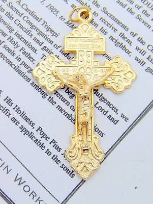 MRT Pardon Crucifix Gold Plate Catholic Protection Cross w Leaflet  2.5" Italy