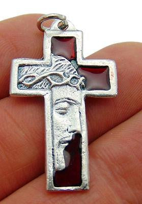 Jesus Confirmation Crucifix Red Enamel Metal Cross Pendant 1 1/4"L Gift