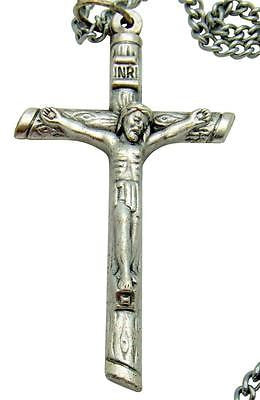 Crucifix 2" Pendant Necklace Catholic Cross Silver Tone Metal Jewelry Gift