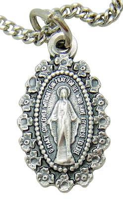 MRT Miraculous Mary Catholic Gift Oxidized Silver Medal Necklace Boxed 3/4"