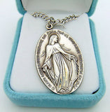 Sterling Silver Large Oval Profile Miraculous Mary Medal w 24" Steel Chain Gift