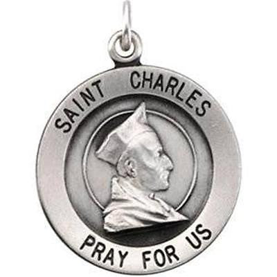 .925 Sterling Silver Round Saint St Charles Medal Gift w Chain Boxed 3/4"