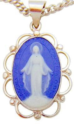 1" Sterling Silver Miraculous Medal Capodimonte Porcelain Cameo w Chain Boxd