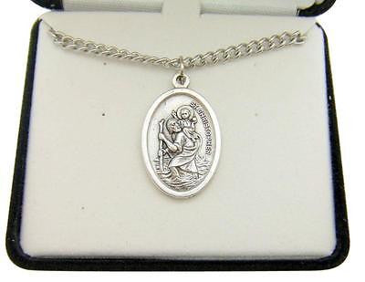 MRT St Christopher Oxidized Silver Tone Protection Medal Gift w Box & Chain 3/4"