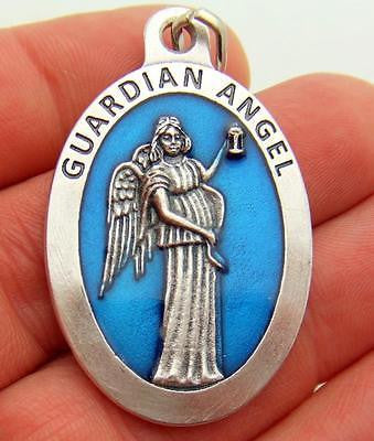 LARGE Guardian Angel 1.5" Pendant Enamel Saint Medal Silver Plated Gift by MRT