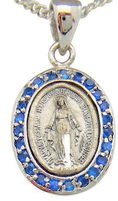 MRT Miraculous Mary Medal Sterling Silver w 23 CZ Saphires with Chain & Boxed