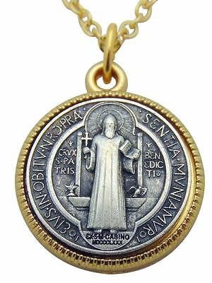 St Benedict Solid Pewter with Gold Trim 1" Saint Medal + Chain Boxed from Italy