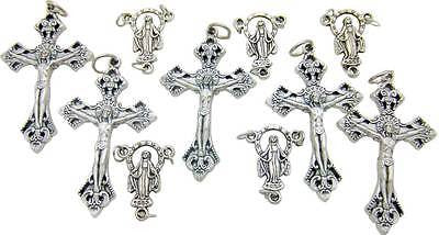 10 Lot Of Silver Tone Metal Rosary Parts Crucifix Miraculous Centerpiece