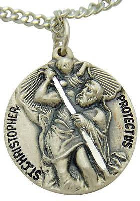 MRT St Saint Christopher Sterling Silver Medal 1.25" w 24" Stainless Chain Boxed