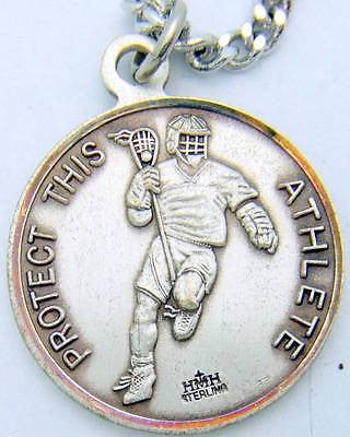 MRT Saint St Christopher Mens Medal Lacrosse Sterling Silver w Chain Boxed 3/4"