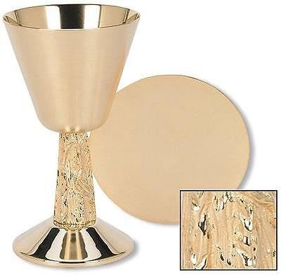 MRT Satin Cup w Cast Vine Stem Brass Gold Plate 13 oz Chalice & Paten Altar Set