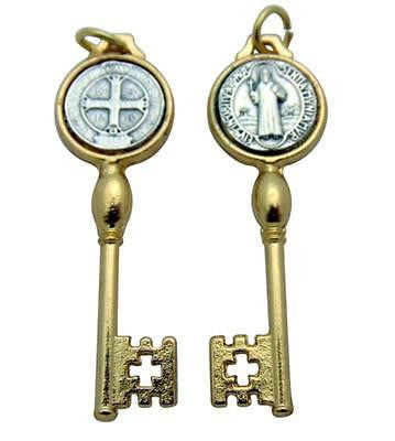 St Benedict Pendant Key 1" Medal Silver/Gold Tone Metal Catholic Gift from Italy