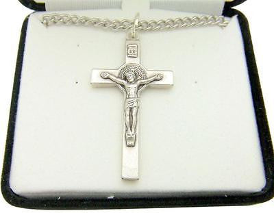 MRT St Benedict Crucifix Pendant Oxidized Silver Tone Gift w Box & Chain 3/4"