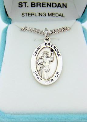 St Brendan Sterling Silver Irish Saint Medal 7/8" w 20" Chain Boxed Gift